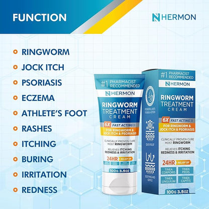Hermon Powerful Antifungal Ringworm Cream - Effective Treatment for Stubborn Ringworm, Jock Itch, Eczema, Tinea Versicolor, Athlete's Foot - for Adults and Kids - 100ml