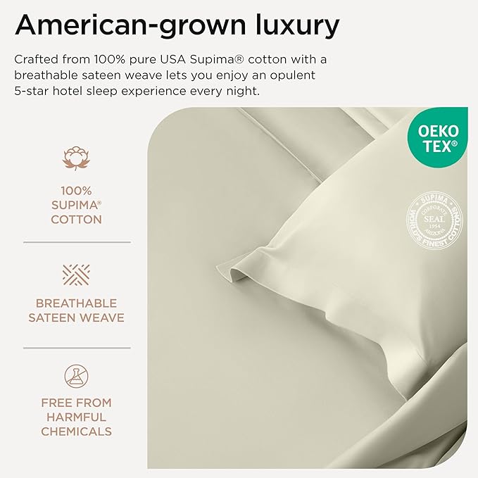 Threadmill Premium 1200 Thread Count Supima Cotton Sheets for King Size Bed, 4 Pc Deep Pocket King Sheets Set, Ivory, 5-Star Hotel Quality