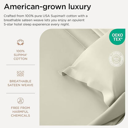 Threadmill Luxury 100% Supima Cotton Sheets, Premium 1200 Thread Count Cotton Sheets for Queen Size Bed, 4 Pc Ivory Bed Sheets Queen Set, 5-Star Hotel Quality Elasticized Deep Pocket Bed Sheets Set