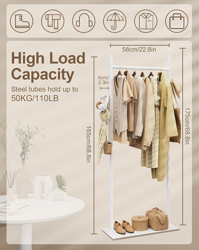Large Metal Coat Rack Freestanding, Modern Coat Hanger Stand with 2 Hooks and Heavy Rock Slab Base, Industrial Clothing Rack, Coat Stand, 25.6 x 11.8 x 68.9 In, White, GYJ202LW