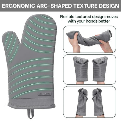 Beneno Premium Silicone Oven Mitts 2-Pack Heat Resistant 500°F, Soft Flexible Non-Slip Grips, BPA-Free & Waterproof Oven Mitts with Comfortable Cotton Lining for Baking, Grilling, Cooking, 7"x13" Gray
