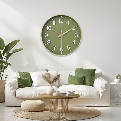 HZDHCLH Wall Clocks Battery Operated,Wall Clock Green Gold,10 inch Wall Clock Silent Non Ticking Modern 3D Numbers for Kitchen Bedroom Living Room Office Classroom Decor