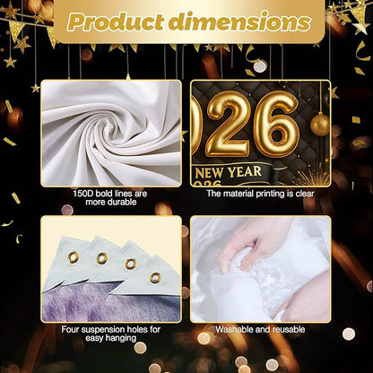 Happy New Year 2026 Backdrop Gold Black Balloons Fireworks Gift Boxes Sparkling Party Banner 71x43 Inches New Year Eve Decoration Indoor Outdoor Celebration Photography Background