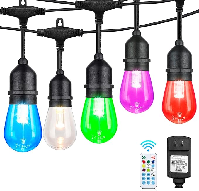 Auroraworld Outdoor String Lights, 48FT Color Changing Outdoor String Lights, Patio Lights Waterproof Porch Light with Remote, for Patio Decor, Balcony