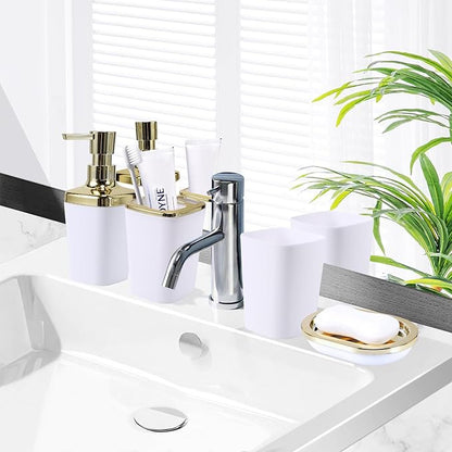 9Pcs Bathroom Accessories - White Bathroom Accessories Set with Trash Can, Soap Dispenser, Soap Dish, Toothbrush Holder, Toothbrush Cup, Toilet Brush Holder, Qtip Holders and Tray for Home