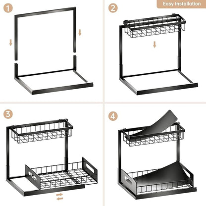 VUSIGN Under Kitchen Sink Organizer 2 Tier, Pull Out Under Sink Organizers and Storage, Bathroom Cabinet Kitchen Organization Storage Shelf, 1 Pack Black