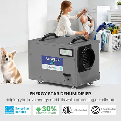 BaseAire 120 Pints Crawl Space Dehumidifier with Drain Hose, Energy Star Dehumidifier for Commercial, Home and Basement, Compact, Auto Defrost, Intelligent Control, Auto Restart, Up to 1300 Sq Ft