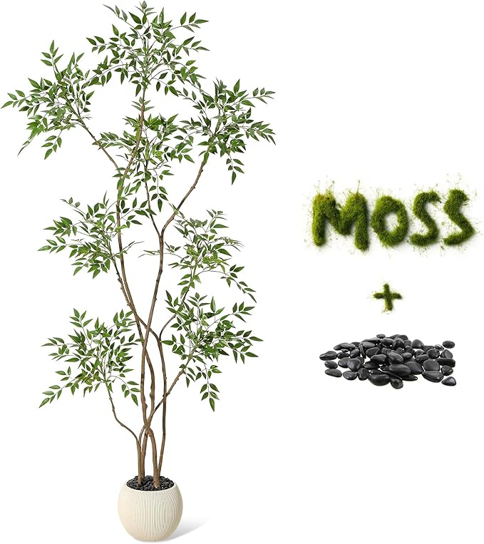 Garvee Nandina Artificial Plants with Sphere Planter Pot, Artificial Tree Indoor with Moss and Pebbles, 6FT Fake Potted Tree for Indoor & Home Office Decor