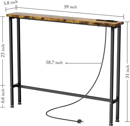 39" Sofa Table Narrow Long with Power Outlets & 2 USB Ports, Metal Frame Behind Couch Table Behind Sofa Perfect for Hallway, Living Room, Entrance Easy Assembly, 4.9' Extension Cord Included