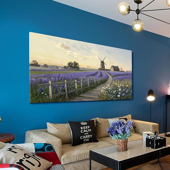amatop Large Canvas Wall Art for Living Room Rustic Farmhouse Lavender Picture Print Countryside Landscape Windmill Daisy Flowers Purple Floral Artwork Bedroom Office Horizontal Nature Decor 48x24 In