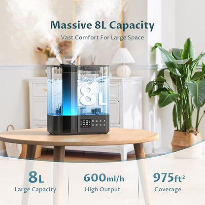 BREEZOME 8L Humidifiers for Bedroom, Smart Warm & Cool Mist for Large Room Home, Top Fill Ultrasonic Humidifier, Humidity Sensor, Essential Oil, 65H Runtime, Quiet for Baby, Plants, Fast Relief