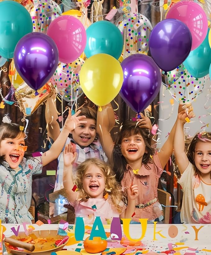 300 Pcs Mermaid Balloons Set, 12 Inches Purple Metallic Purple Teal Hot Pink Yellow Latex Balloons and Confetti Balloons for Birthday Mermaid thematic Party Decoration