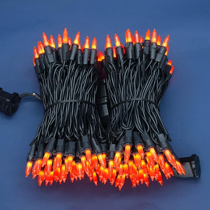200 Count Orange Christmas Lights, Pack of 2 Strands 100 Count 33 ft Black Wire UL Listed Halloween String Light (Orange)