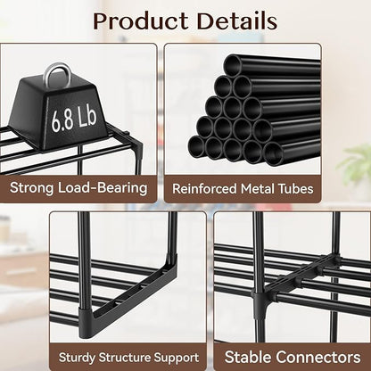 SUFAUY 8 Tier Large Metal Shoe Rack Organizer with Hooks, Large Capacity 40 Pairs Sturdy Shoe Boot Storage, Black