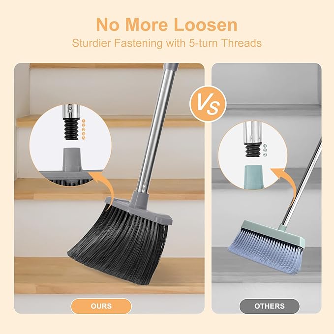 Broom and Dustpan Set, 51'' Broom with Dustpan Combo Set, Large Standing Dustpans Long Handle, Brooms and Dustpans for Restaurant Garage Floor Lobby Pet Hair Indoor Outdoor - Grey and Black