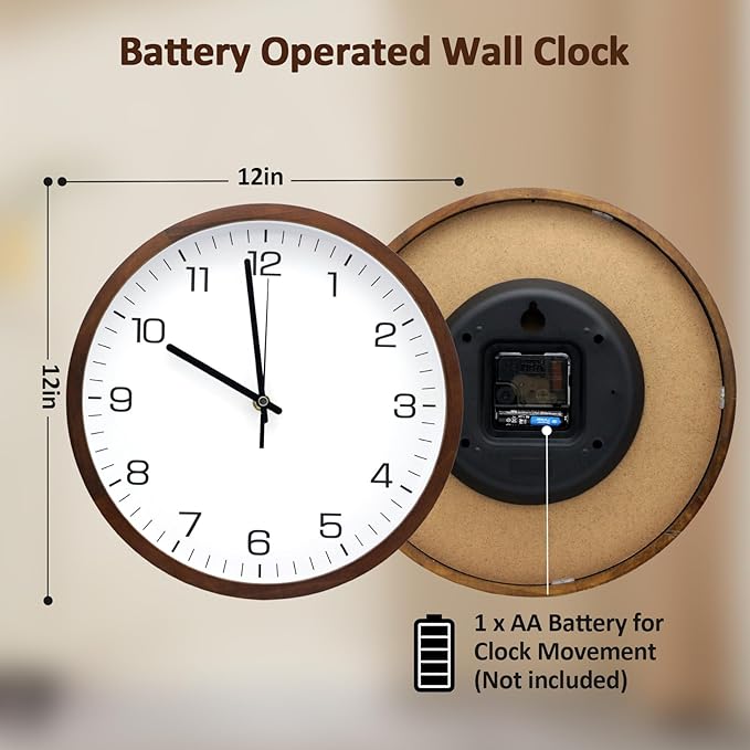 MEIRED Wooden Wall Clock 12 Inch Silent Non Ticking Wall Clocks Battery Operated Wood Analog Retro Round Clock Decorative for Kitchen,Home,Living Room,Classroom, Walnut White