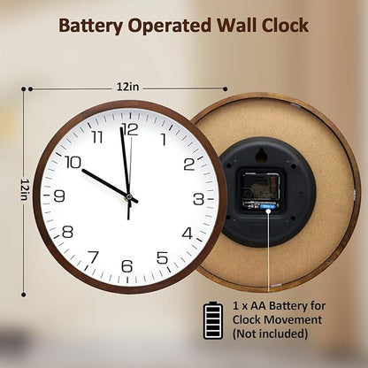 MEIRED Wooden Wall Clock 12 Inch Silent Non Ticking Wall Clocks Battery Operated Wood Analog Retro Round Clock Decorative for Kitchen,Home,Living Room,Classroom, Walnut White