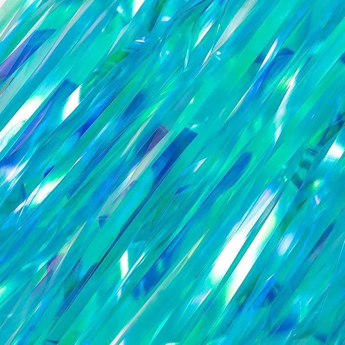 BRAVESHINE Iridescent Blue Foil Fringe Backdrop - 2 Pack 3.2x6.5 ft Holographic Tinsel Streamers Curtains for Christmas/Frozen/Winter’s Snowflake/Birthdays/Mermaid/Sea Party Decorations