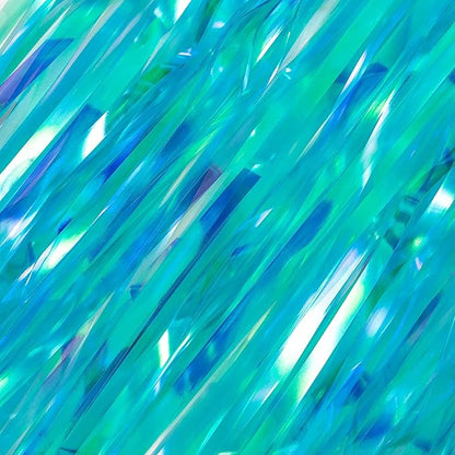 BRAVESHINE Iridescent Blue Foil Fringe Backdrop - 2 Pack 3.2x6.5 ft Holographic Tinsel Streamers Curtains for Christmas/Frozen/Winter’s Snowflake/Birthdays/Mermaid/Sea Party Decorations