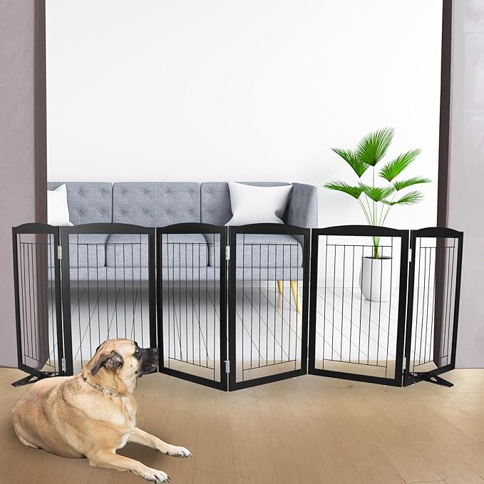 ZJSF Freestanding Dog Fence Indoor, Foldable Dog Gate for Doorways, Stairs or Hallways, Sturdy Wood Extra Wide Pet Gate with Support Feet for The House, Black, 32 "Height-6 Panels