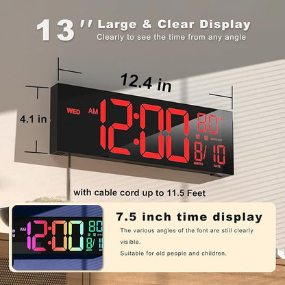 JALL 13" Large Digital Wall Mount Clock, Count Down Timer, Alarm, Big LED, DST, Temperature for Living Room Classroom Desk, Xmas, Birthday Gift for Senior Mom Dad