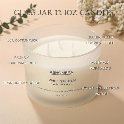 Scented Soy Wax Candle, 12.4 Oz Glass Jar, 70+ Hours Burn Time, Natural Essential Oils, Cotton Wick, Long Lasting Fragrance, Modern Contemporary Style (Gardenia+Jasmine 2pack)