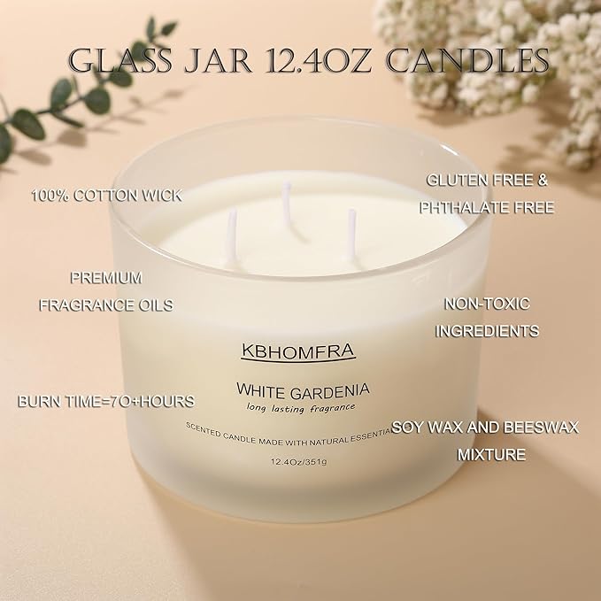 Scented Soy Wax Candle, 12.4 Oz Glass Jar, 70+ Hours Burn Time, Natural Essential Oils, Cotton Wick, Long Lasting Fragrance, Modern Contemporary Style (Gardenia+Coconut 2pack)