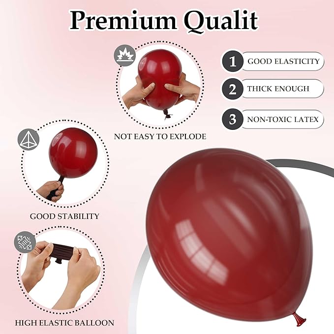 130PCS Burgundy Balloons, Latex Balloons Different Sizes 18/12/10/5 Inch, Helium Balloons with Ribbon, Party Balloon Set for Birthday Wedding Graduation Anniversary Baby Shower Decoration