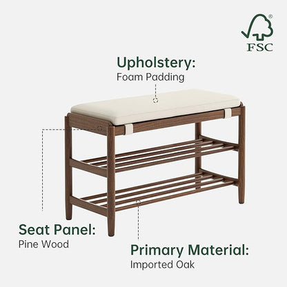 YESWOOD Solid Wood Shoe Bench Assembled, Shoe Rack Bench with Cushion for Entryway, Living Room, Bedroom, Hallway, 31.49“ x 11.81” x 17.71", Walnut