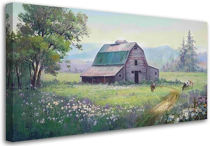 Acocifi Barn Picture Fall Wall Art for Farmhouse, Rustic Landscape Painting Farm Cow Print Textured Artwork Extra Large Framed for Living Room Bedroom Dining Room Kitchen Office Home Decor 58"x29"