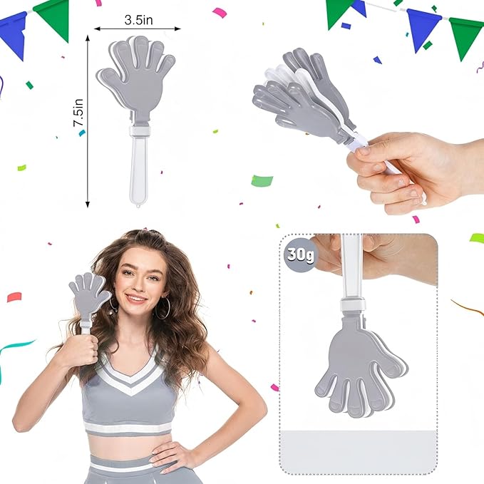 Junkin 100 Pcs Hand Clappers Bulk 7. 5 x 3. 5 Inches Noise Makers Party Favors Clapping Noise Maker Clacker for Birthdays Game Prizes Rewards Football Sporting Events Cheers Supplies (Silver White)