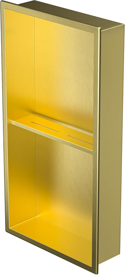 Stainless Steel Shower Niche 24" X 12" Gold No Tile Needed Wall Niche Double Shelves Recessed Shower Shelf for Bathroom Storage Over Mount Installation