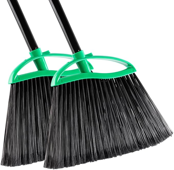 2 Pack Heavy Duty Brooms, 55" Long Handle Indoor Outdoor Angle Broom Set, Household Commercial Floor Cleaning, for Sweeping Home, Kitchen, Deck, Garage, Patio - Green