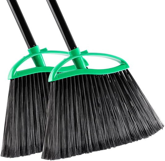 2 Pack Heavy Duty Brooms, 55" Long Handle Indoor Outdoor Angle Broom Set, Household Commercial Floor Cleaning, for Sweeping Home, Kitchen, Deck, Garage, Patio - Green