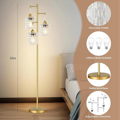 Gold Floor Lamp for Living Room,Modern Floor Lamps with Transparent Glass Shades,68IN Tall Mid Century Standing Lamp with Bulbs,3 Lights Vintage Tree Floor Lamps for Bedroom Corner Office