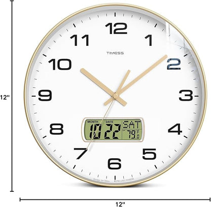 Wall Clock, 12" Dial Non-Ticking Silent Battery Operated Analog with LCD Display for Perpetual Calendar and F° Temperature, Ideal Modern Home, Bedroom, Kitchen, Office Decor (Gold)