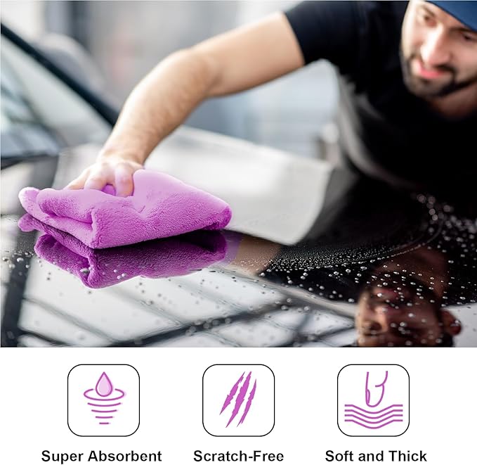 Shimeyao 30 Pcs 16 x 16 Inch Edgeless Microfiber Plush Towels for Cars Detailing Drying Wash Polishing Absorbent Cleaning Cloths, 500 GSM (16 x 16 Inch, Purple, 30 Pcs)