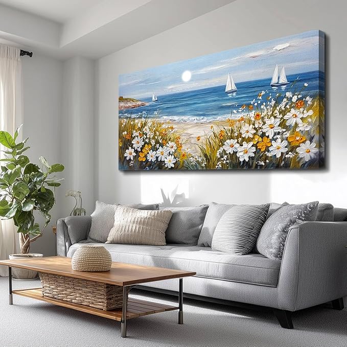 KELIYUAN Wall Art For Dining Room Kitchen Blue Ocean Beach Art Pictures Living Room Decor Vintage Landscape Painting Modern Canvas Print Suitable For Bedroom Office Farmhouse Wall Decor 24x48 In