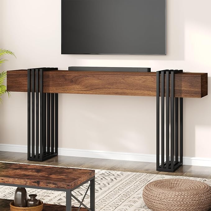 71 Inch Long Console Table, Extra Thick Industrial Sofa Table Behind The Couch Rectangular Entryway Table for Entrance Hallway Living Room, Entire top Board & 4-Pipe Legs, Rustic Brown