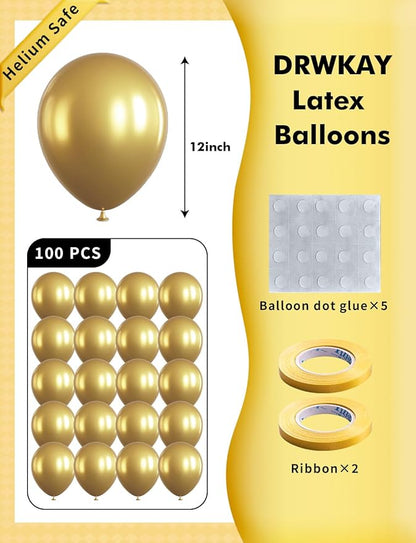 Metallic Gold Balloons 100 Pack, 12 Inch Chrome Latex Helium Garland for Elegant Birthday Wedding Baby Shower Arch Party Decorations