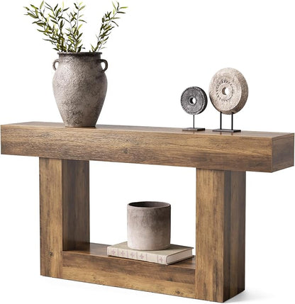 LITTLE TREE 63 Inches Long Console Table, 2-Tier Farmhouse Sofa Table Behind Couch, Large Narrow Entryway Table for Living Room, Wooden Hallway Foyer Table with Heavy Duty Base, Rustic Brown