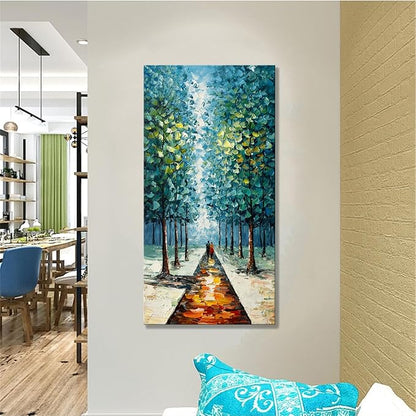 Alenoss Hand Painted 3D Abstract Oil Paintings on Canvas 24x48 Inches Large Modern Forest Landscape Vertical Blue Canvas Wall Art Framed Artwork for Living room Bedroom Tree Art Decor