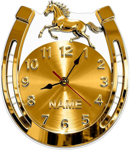 Personalized Horseshoe Name Wall Clock for Horse Lovers 2D Acrylic Printing Custom Name Clock Decorative Wall Clocks Suitable for Reception Rooms Conference Rooms Offices (Golden Horseshoe)