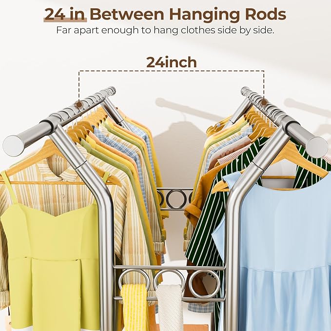 Heavy Duty Clothes Rack, Rolling Clothing Rack With Shelves Load 620 LBS, Double Rod Clothing Racks for Hanging Clothes , Portable& Adjustable Rack with Wheels Garment Rack (Large, Light Silver)