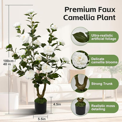 40" Artificial Camellia Tree 2 Pack,Faux Floral Plant Fake Trees with White Blooming Flowers,Artificial Plants Greenery Potted Plant for Outdoor Indoor Home Porch Decor