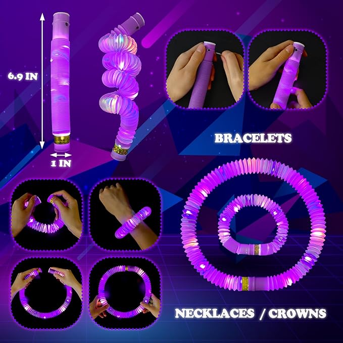 Purple Glow Sticks Pop Tubes, 24PCS Mardi Gras Party Favors, Light Up Necklaces & Bracelets Accessories Decorations, Glow Birthday Wedding Carnival Valentines Day Party Supplies for Kids & Adults