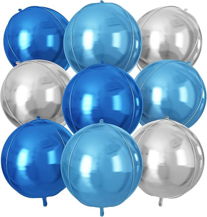 Blue Silver Round Foil Balloons 9 pcs,Metallic Giant 4D Round Balloons 22 Inch for Birthday Graduation Baby Shower Party Decorations