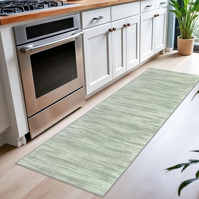 KOZYFLY Modern Abstract Runner Rugs 2x6 Green Machine Washable Area Rug for Bedroom Non-Slip Living Room Rug, Faux Wool Soft Low Pile Office Carpet for Dining Room, Bedroom, Kitchen Bathroom