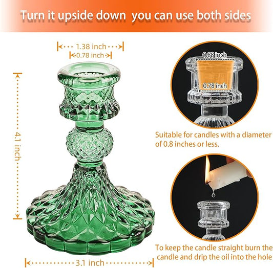 Glass Candlestick Holder,Striped Taper Candle Holders,Set of 6 Candle Stand for Table Centerpieces, Home Decor,Weddings,Festival and Parties (Green Dimond Pattern)