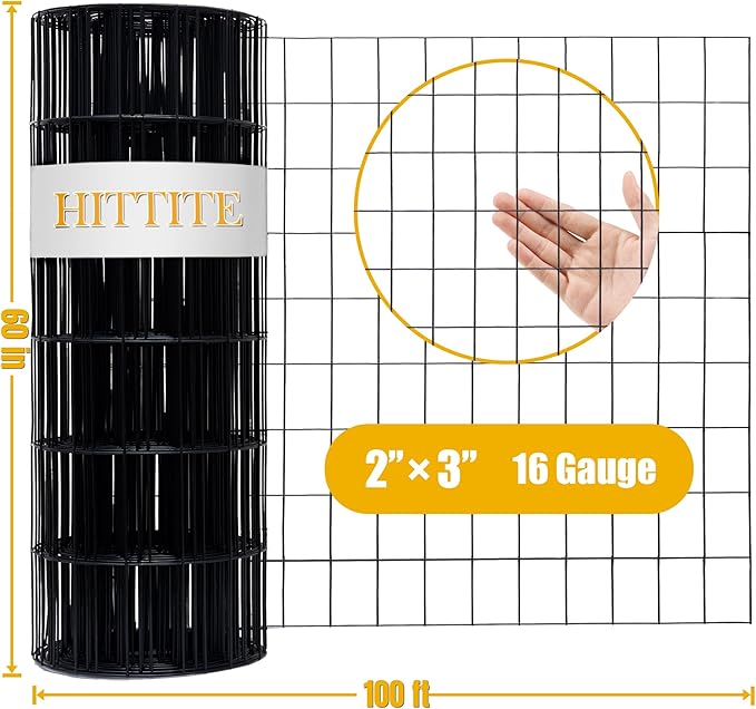 Black PVC Coated Welded Wire Fencing, 60in High x 100ft Long, 2 inch x 3 inch 16GA 2/3/4/5/6 Ft Tall Welded Wire Fence Rolls, Black Metal Garden Fence Wire Roll Garden Fencing for Yard